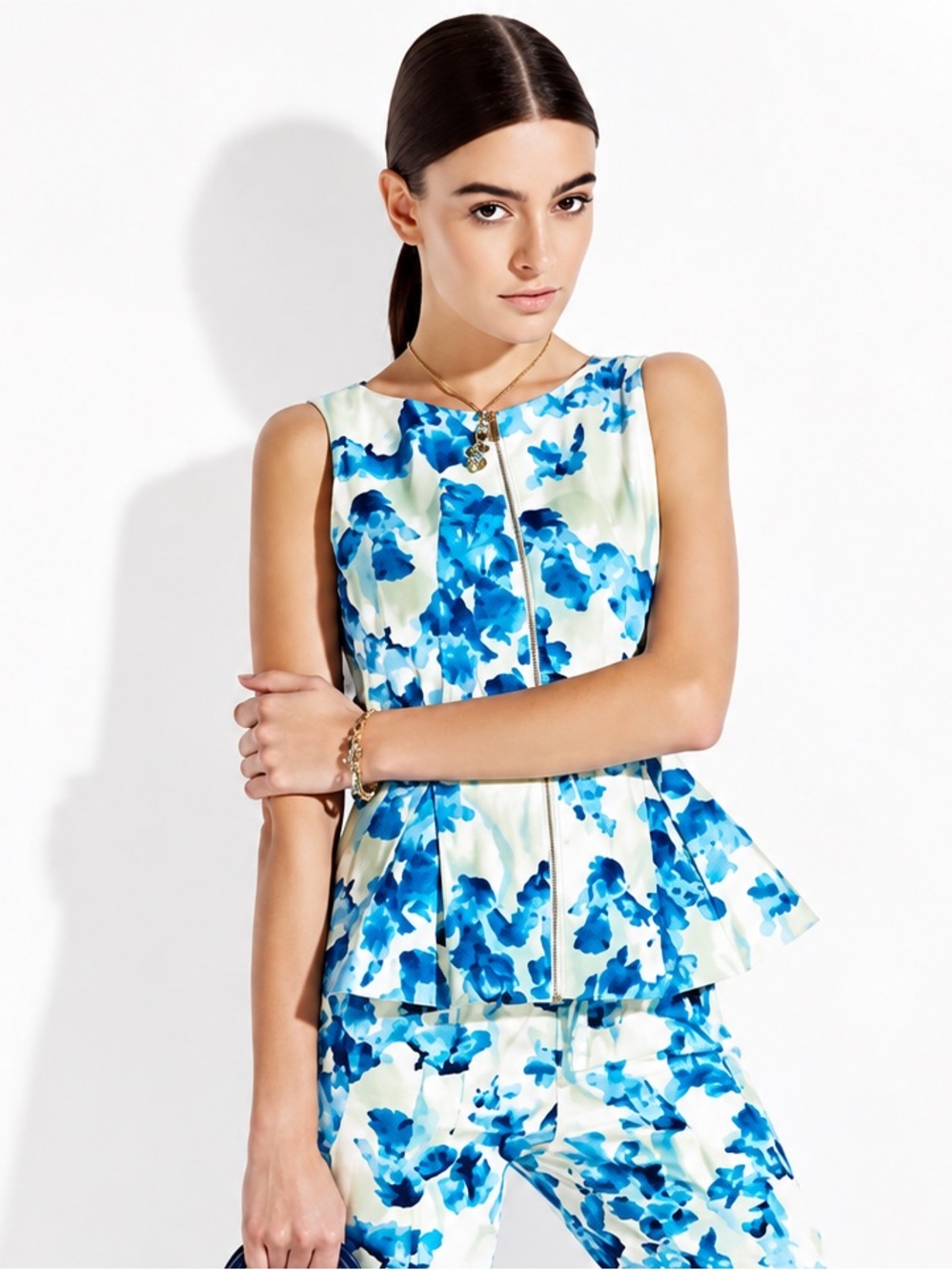 KAREN MILLEN Blue Floral Peplum Top